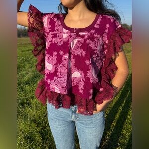 Women's Lace Trim Paisley Top